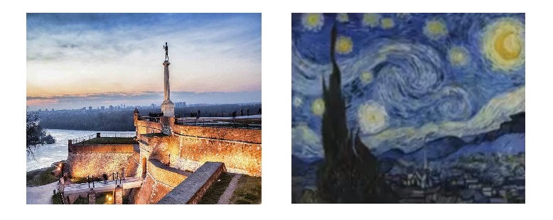 Neural style transfer, images which are used in the process of transfer; content photo (left), image of the painting (right), The image after style is transfered, picaso image, computer vision