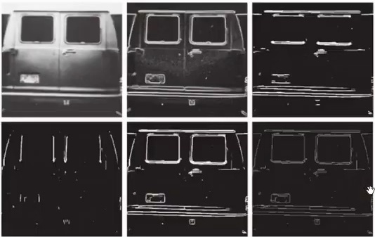 Six-panel image processing sequence showing edge detection and linking steps