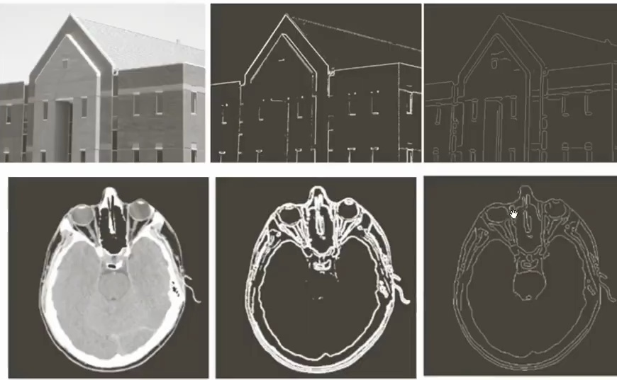 Three-panel comparison showing progressive edge detection processing of a building image