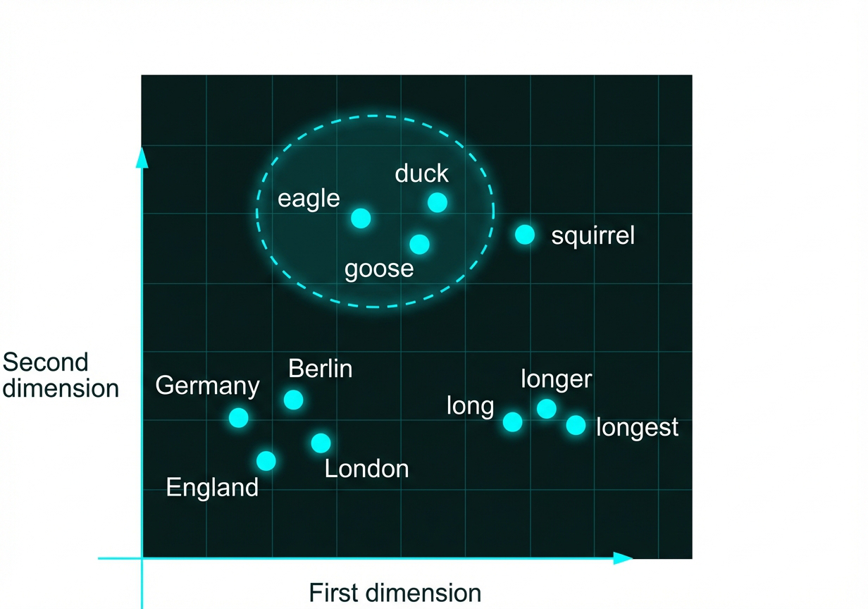 Word2Vec 2D scatter plot showing semantic clusters