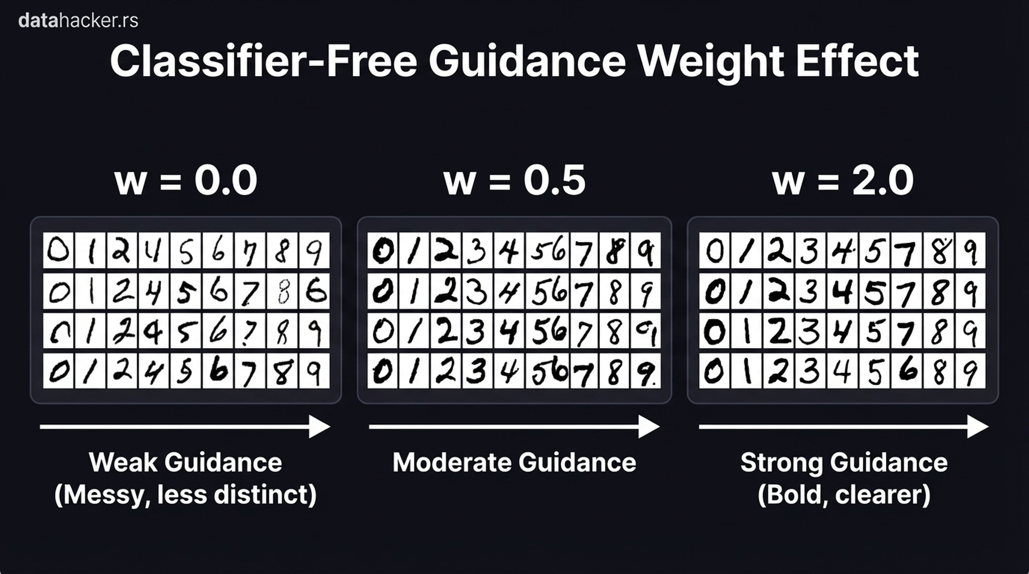 Effect of guidance weight w on MNIST generation — w=0.0, 0.5, 2.0