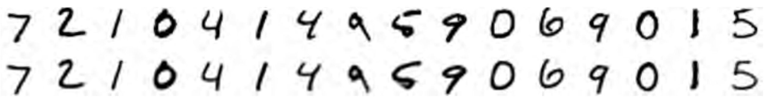 Original MNIST digits (top) vs AutoEncoder reconstructions (bottom), 16-dim latent
