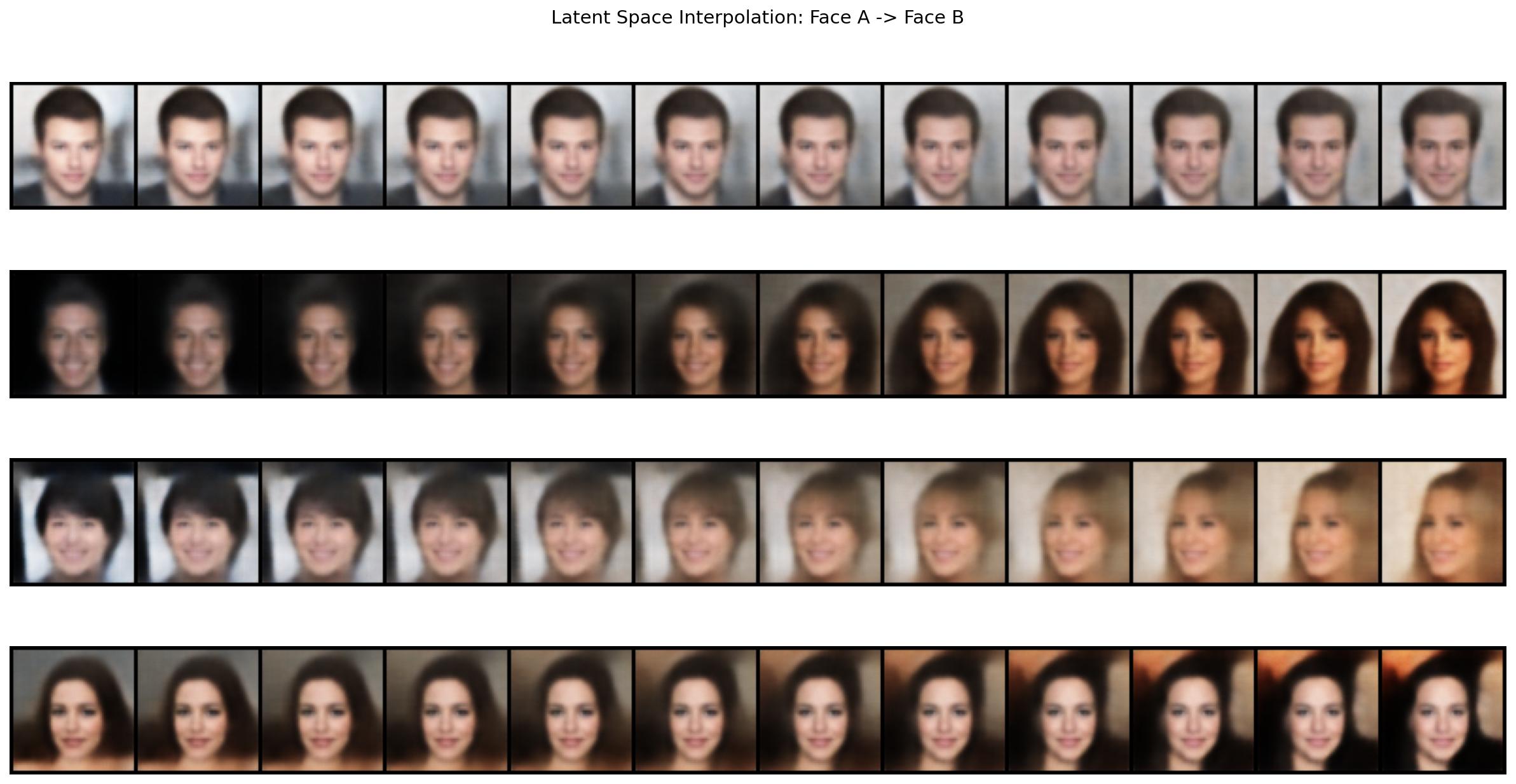 Four rows of face interpolations, 12 steps, Face A → Face B