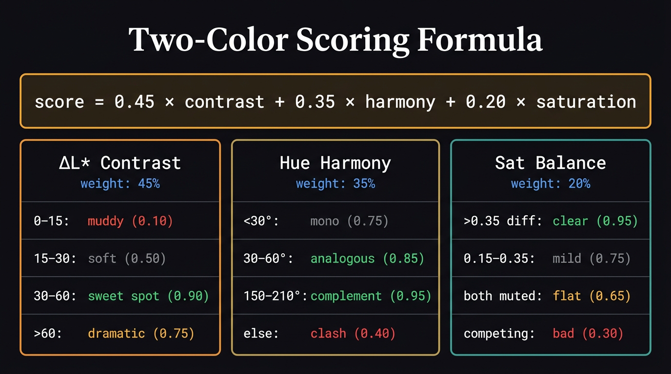 Two-color scoring formula: 45% contrast, 35% harmony, 20% saturation with all score ranges