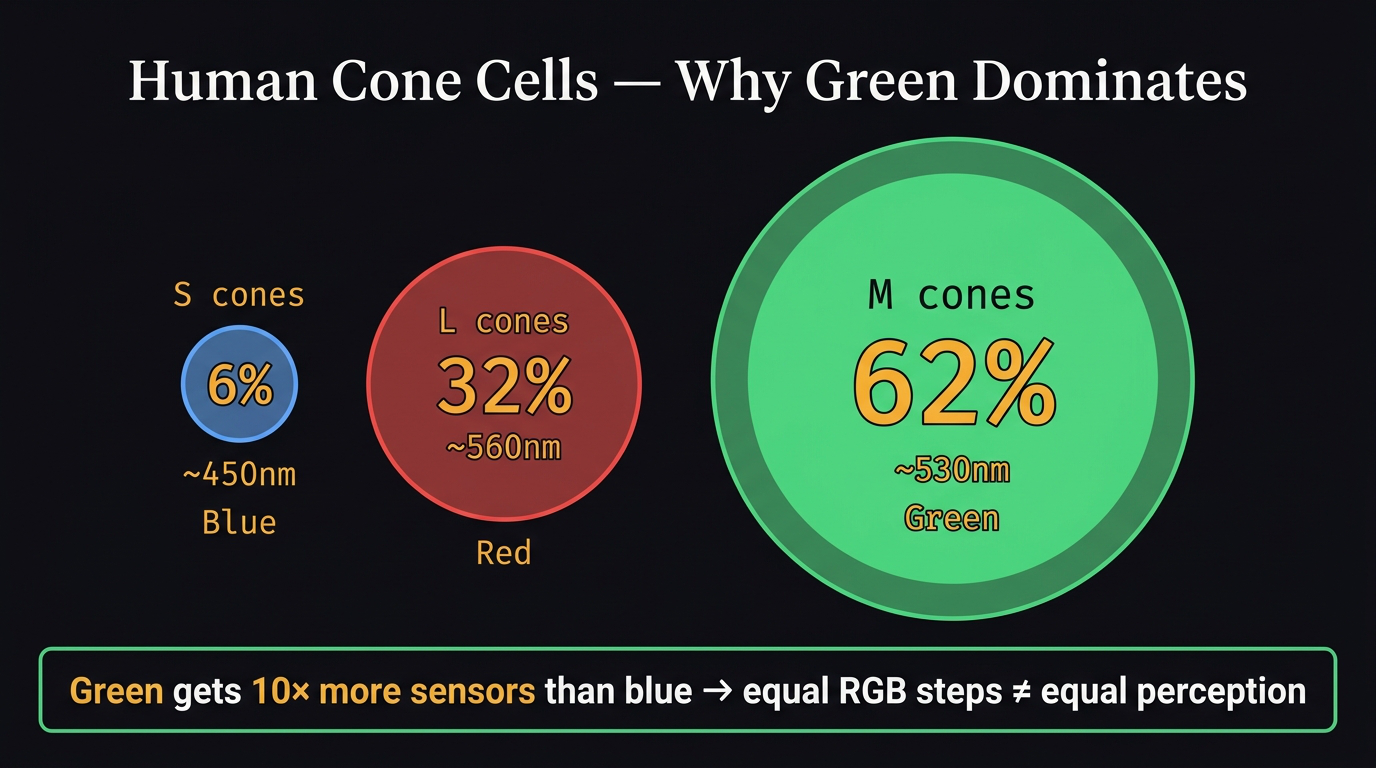 Human cone cells: S cones 6% blue, L cones 32% red, M cones 62% green