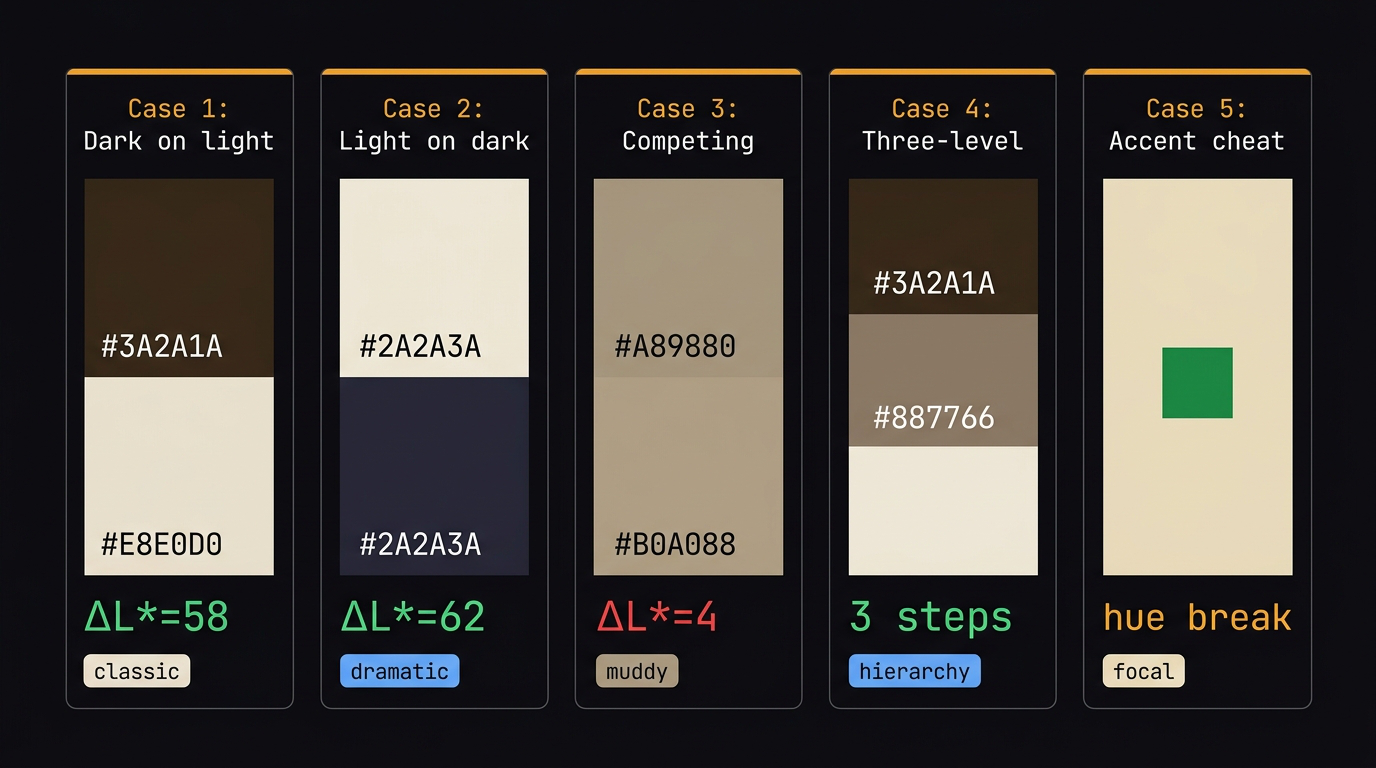 Five hierarchy cases: dark on light, light on dark, competing, three-level, accent cheat