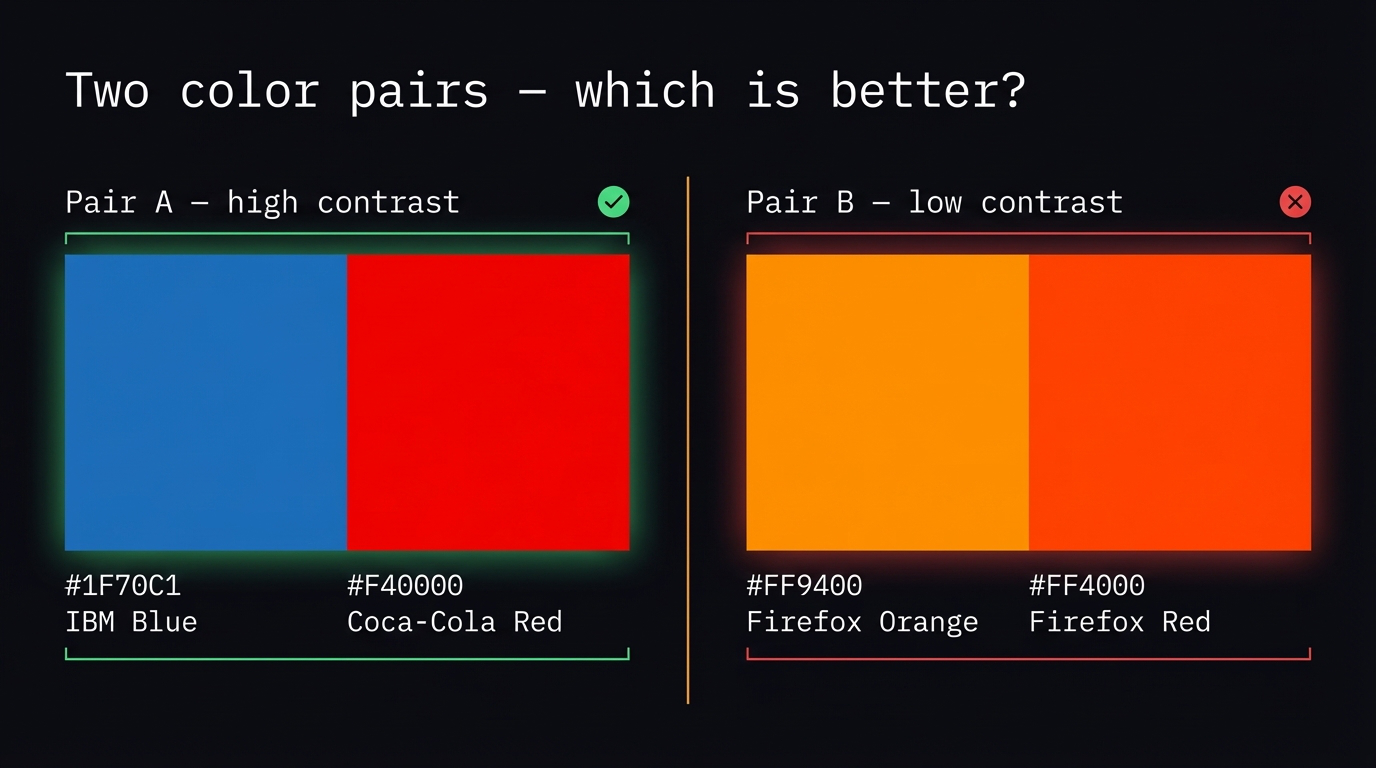 Two color pairs side by side — IBM blue + Coca-Cola red vs Firefox orange + red-orange