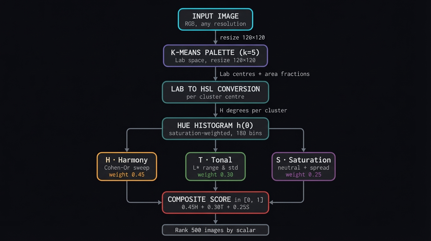Cohen-Or color scoring pipeline: input image to K-means to hue histogram to harmonic template sweep to composite score