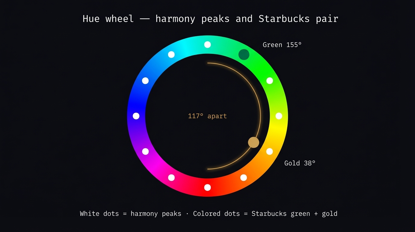 Hue wheel with harmony peaks marked at 0, 30, 60, 120, 150, 180 degrees. Starbucks pair at 117 degrees.