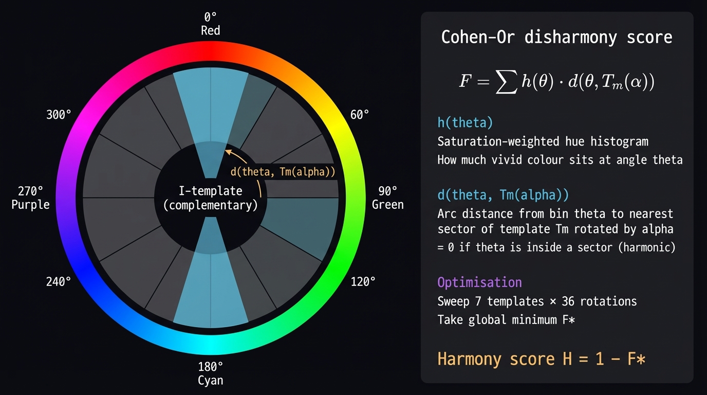 Hue wheel with I-template (complementary) overlay and Cohen-Or disharmony formula