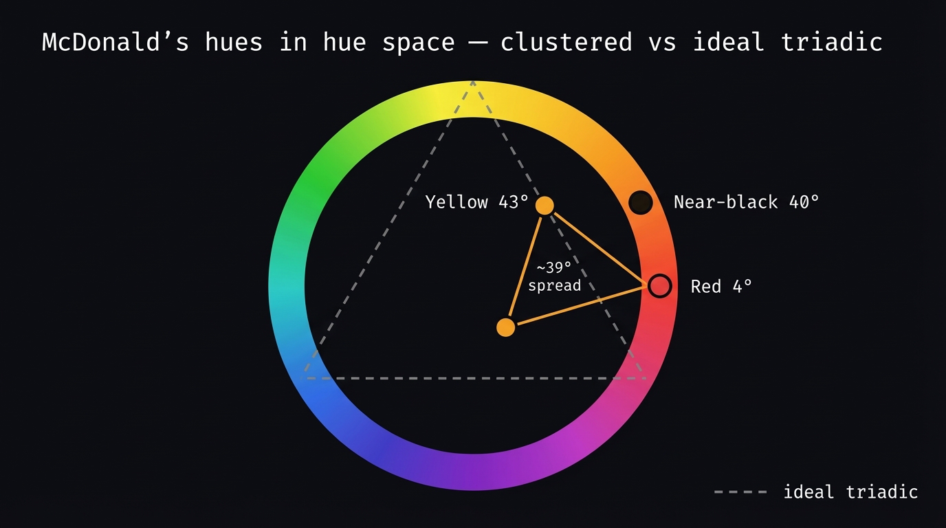 McDonald's three hues projected onto hue circle: clustered between 4-43 degrees, tiny triangle vs ideal equilateral triadic