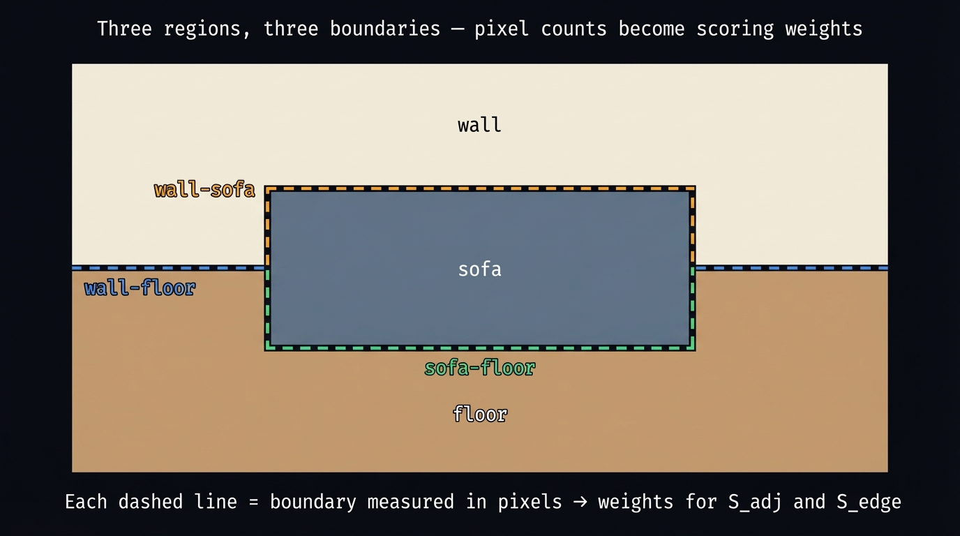 Three-region room illustration with annotated boundaries: wall-sofa, wall-floor, sofa-floor