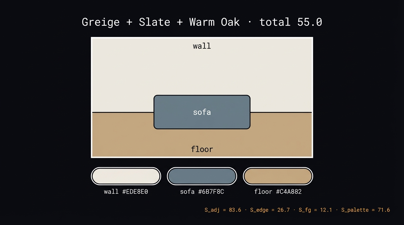 Room with greige wall, slate sofa, warm oak floor