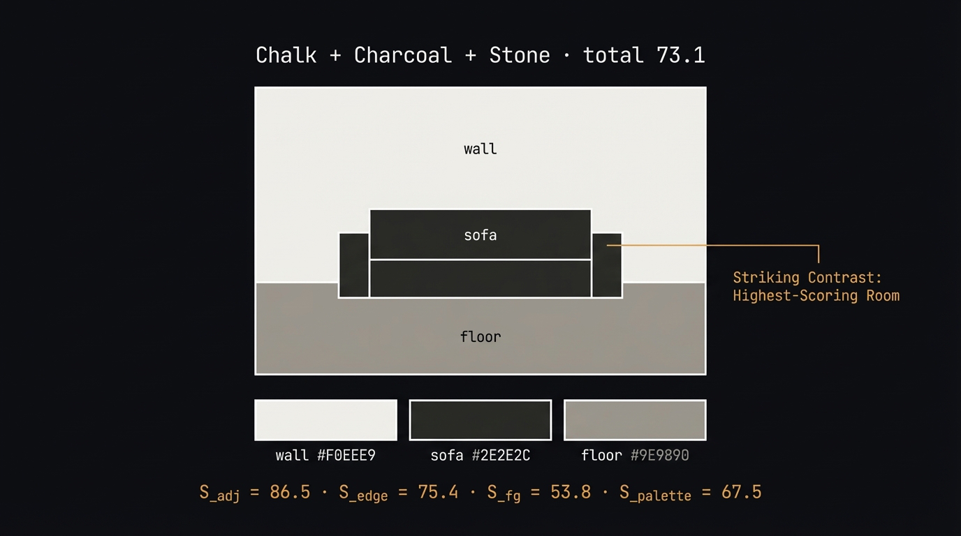 Room with chalk wall, charcoal sofa, stone floor