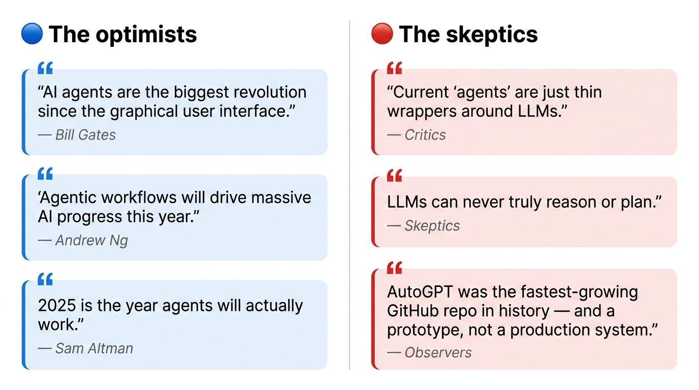 The divide between optimistic predictions and critical concerns about AI agents