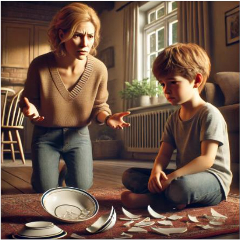 Domestic scene with a woman and young boy near broken dishes