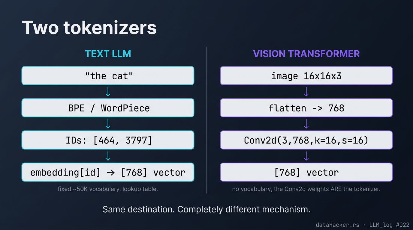 Tokenizer comparison: text LLM vs ViT