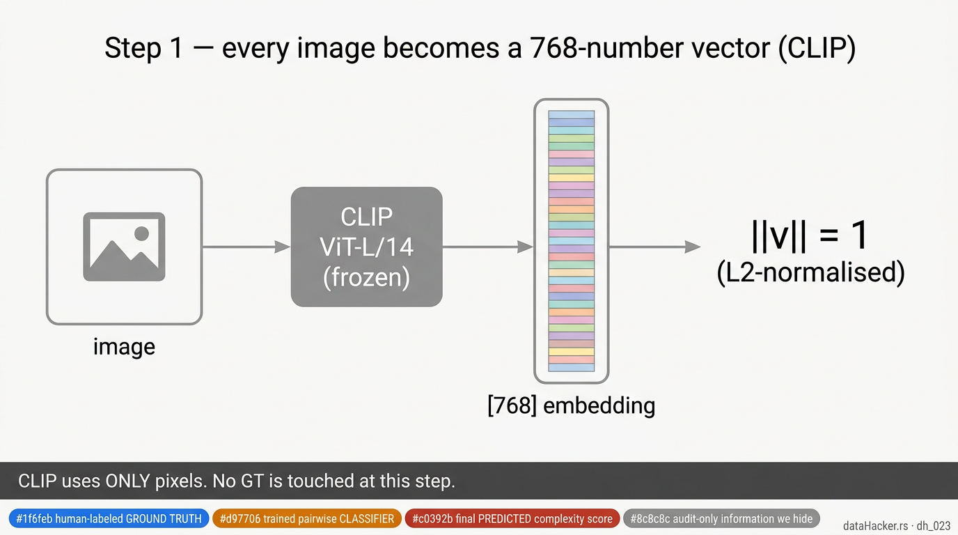 CLIP turns each image into a 768-d vector