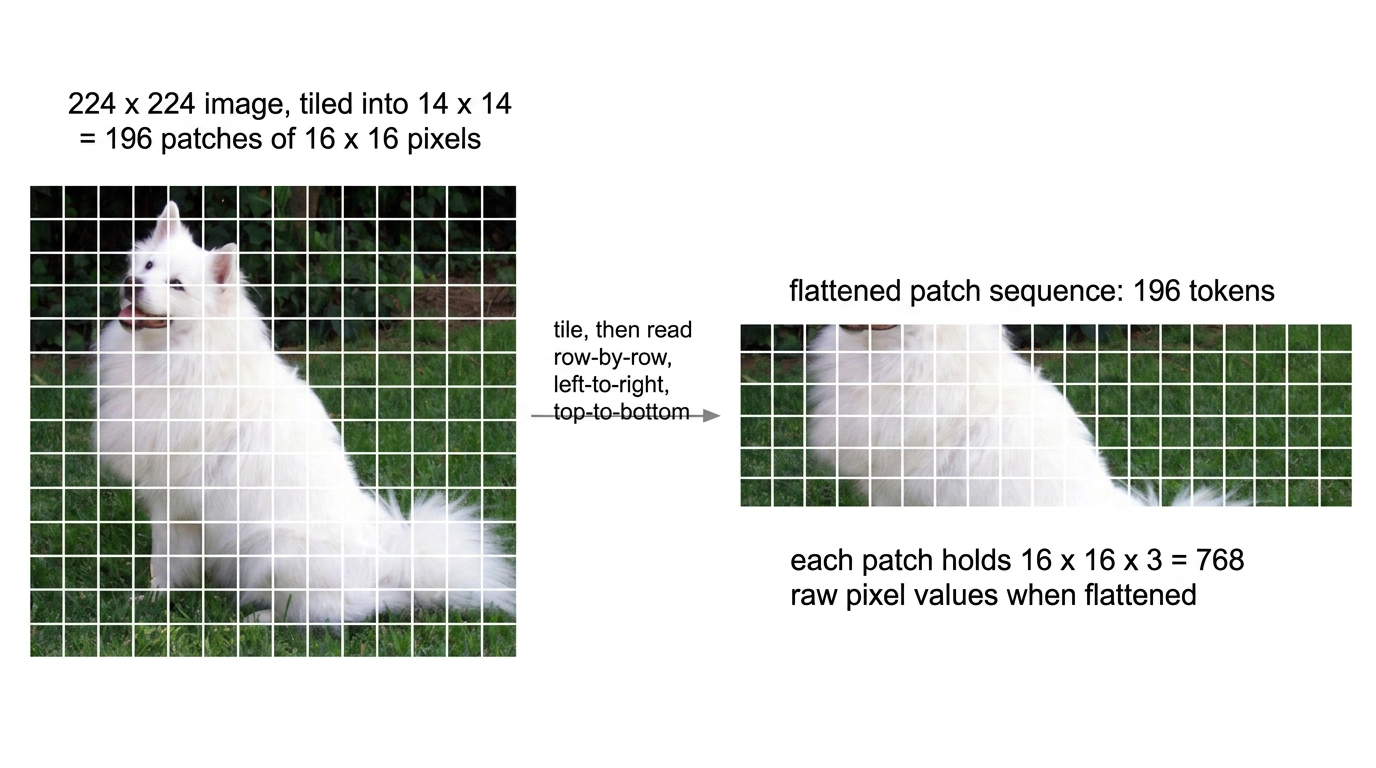 14x14 patch grid overlaid on the image, and the resulting 196-patch sequence