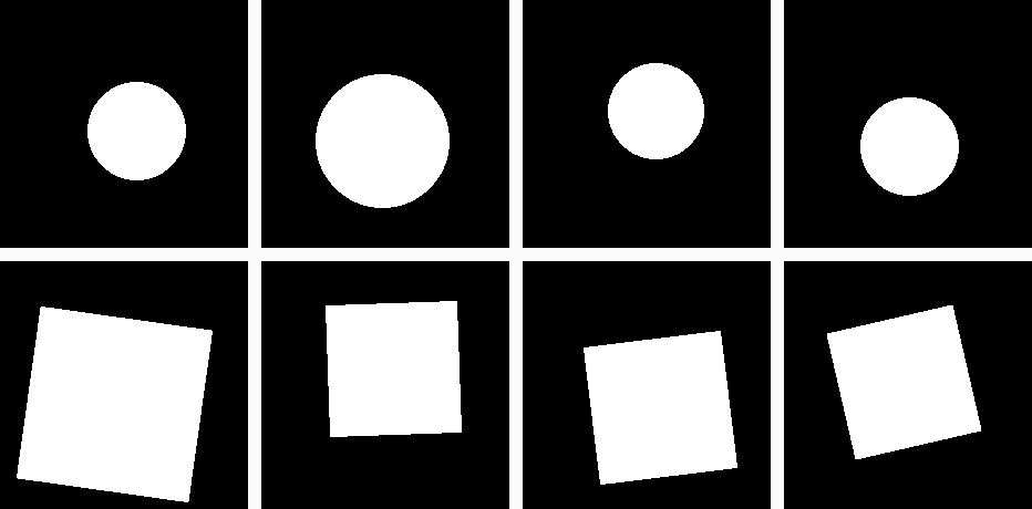 4 circles in the top row, 4 squares in the bottom row, all on black backgrounds