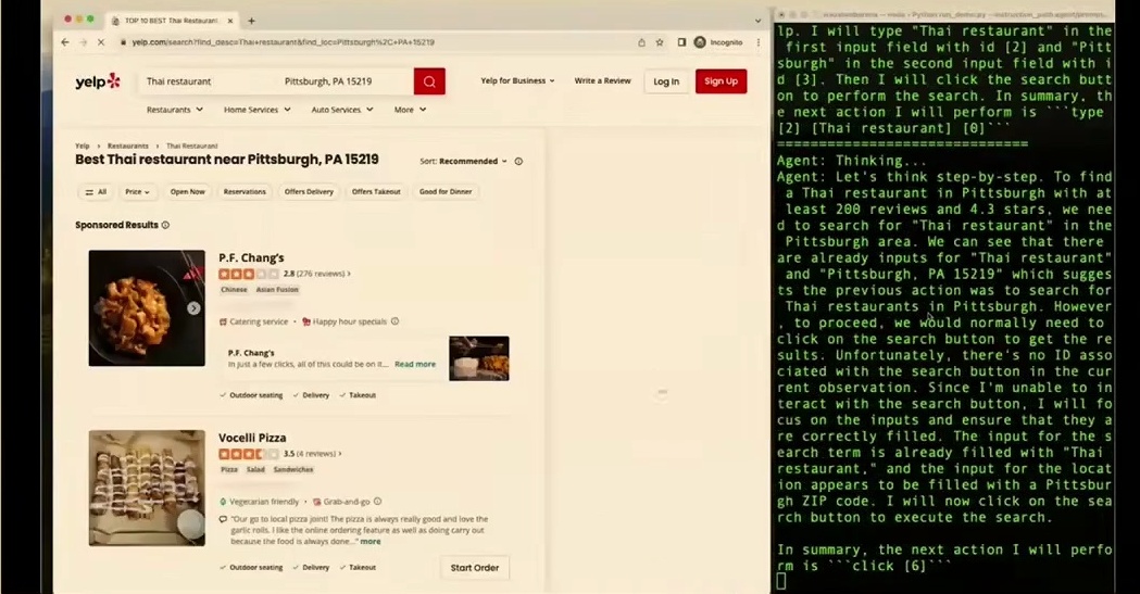 Split-screen interface displaying Yelp search on the left and terminal reasoning on the right.