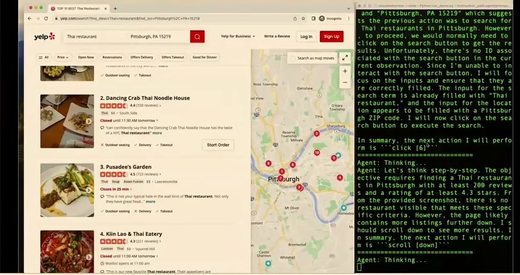 Multimodal GUI agent executing an online Yelp search with terminal observations and actions.