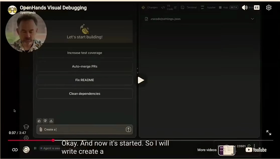 OpenHands visual debugging interface with code editor and options
