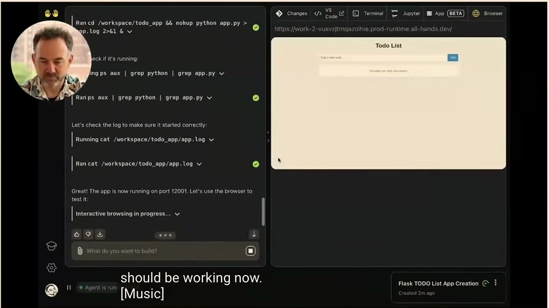 OpenHands automated coding agent performing visual debugging on a Todo List app