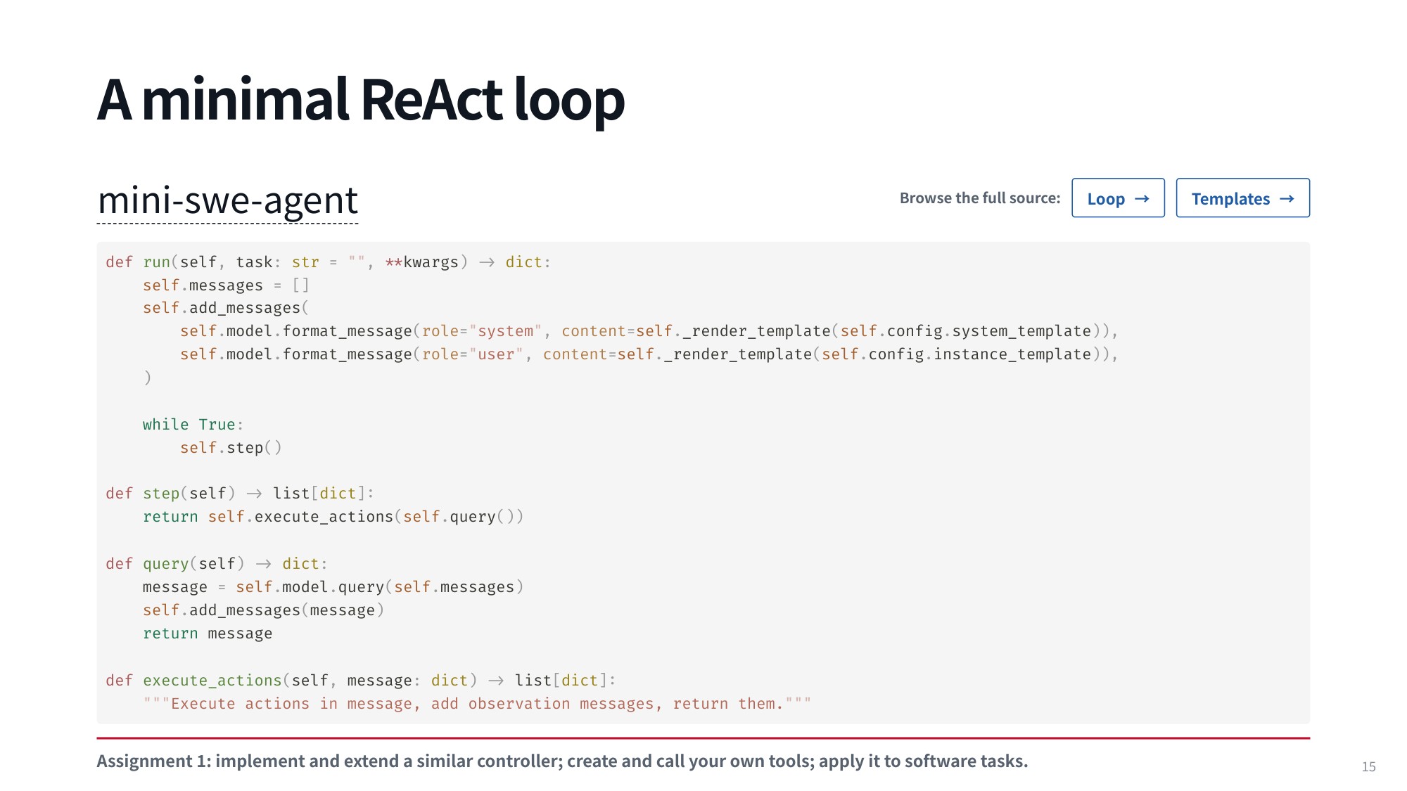 Lecture slide 15: A minimal ReAct loop