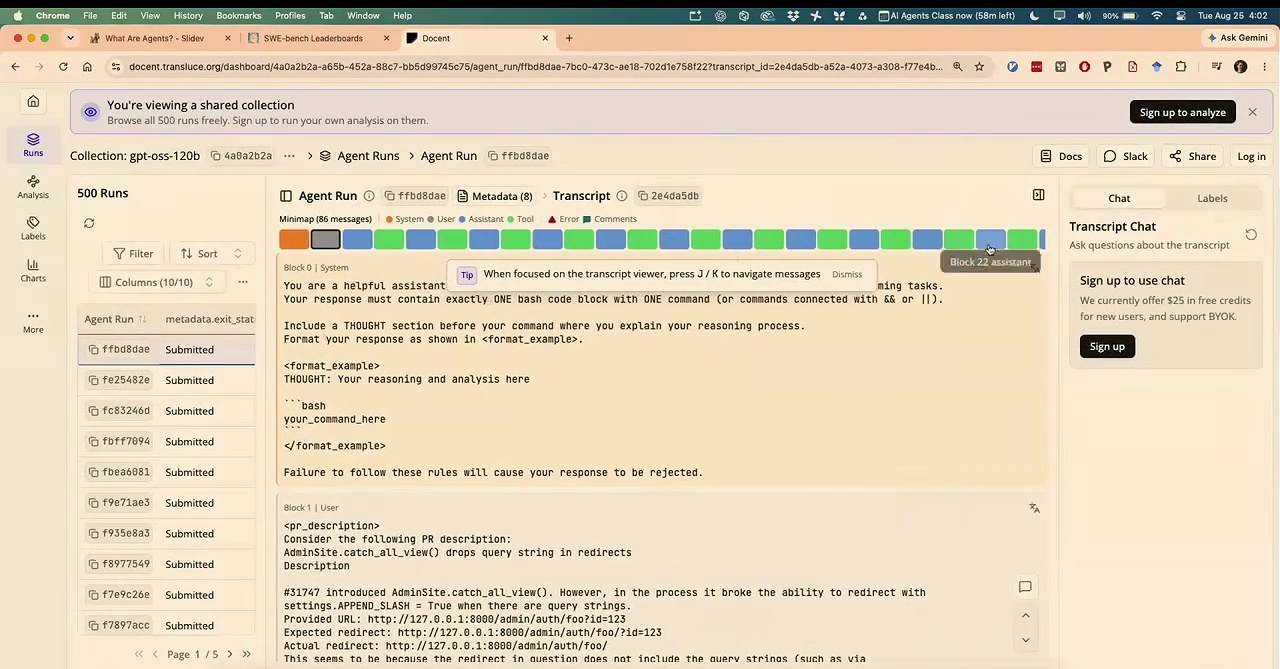 Interface view of an automated agent evaluation dashboard with run listings.