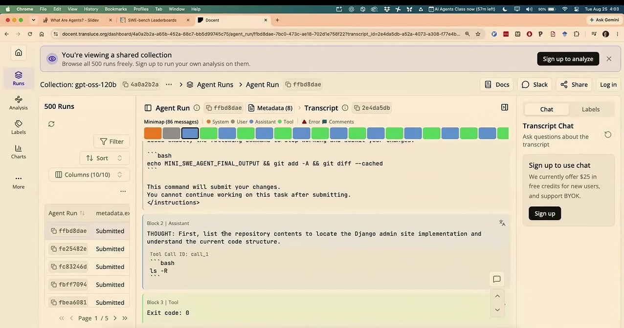 Dashboard displaying execution logs and transcripts of an autonomous coding agent.